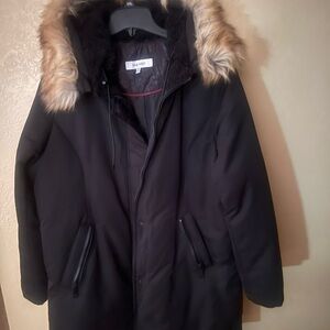 Nine West Dark Puffer Jacket with Faux Fur Trim